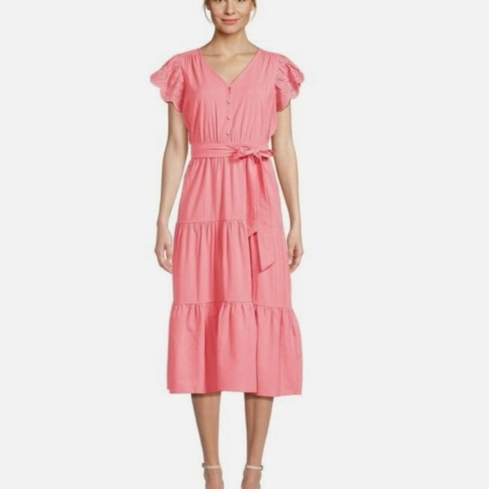 Time and Tru Women's Tiered Midi Dress with Eyelet Sleeves, XL 
Coral Rose